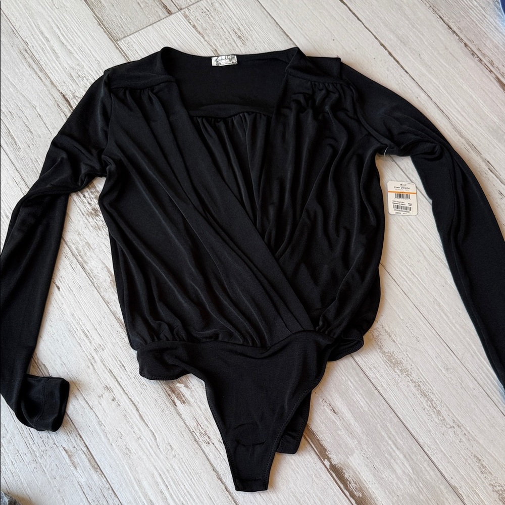 Free People Black Long-Sleeve Wrap Bodysuit -